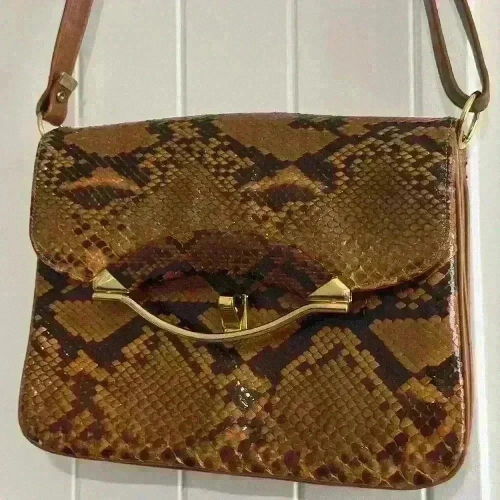 Chic de Paris Leather Shoulder Bag Snake Skin Adjustable Strap Gold 11x8